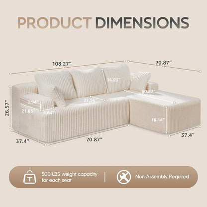 Hobestluk Modular Sectional Sofa Couches 108" L-Shape Couch 3 Seat Modular Sofa Memory Foam Sectional Couches for Living Room, Boneless Couch with Oversized Chaise (White, Right Facing)