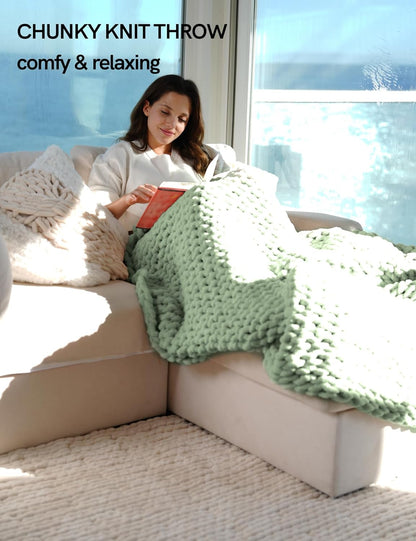 YnM Chunky Throw Blanket, Medium-Weight, Hand Knitted with Chenille Yarn, Skin Friendly, Ventilated and Breathable, Machine Washable, Home Décor Piece for Couch, Sofa and Bed (Sage Green, 50x60 Inch)