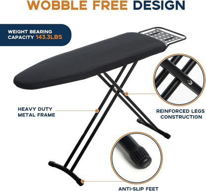 Ironing Board Full Size, RAINHOL 54"x13" Heavy Duty Compact Ironing Board with Iron Rest, Heat Resistant Cover with Ultra Thick Padding, Height Adjustable Sturdy Iron Stand, Black
