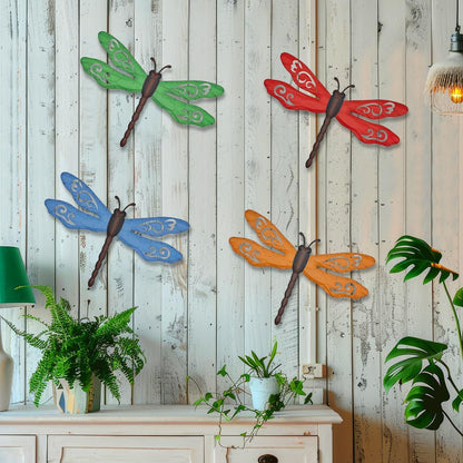 Metal Dragonfly Wall Decor, 4 Pack 14inch Retro Metal Dragonfly Wall Hanging Sculpture Decor for Outdoor, Yard Patio Fence Garden Outside Decorations
