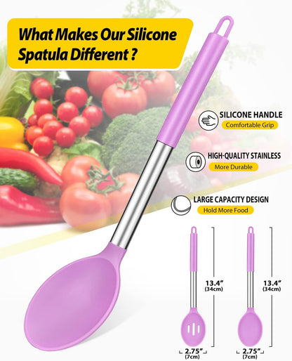 Pack of 2 Large Silicone Cooking Spoons,Non Stick Solid Basting Spoon,Heat-Resistant Kitchen Utensils for Mixing,Serving,Draining,Stirring (PURPLE)