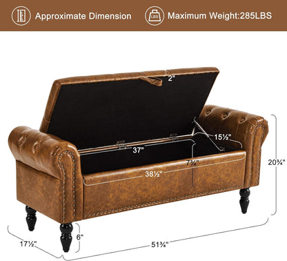 Furniliving Storage Ottoman Bench, Leather Benches End of Bed Bench with Solid Wood Legs Upholstered Ottoman Bench with Storage Indoor Bench for Living Room with Rolled Arm, Entryway, YellowBrown
