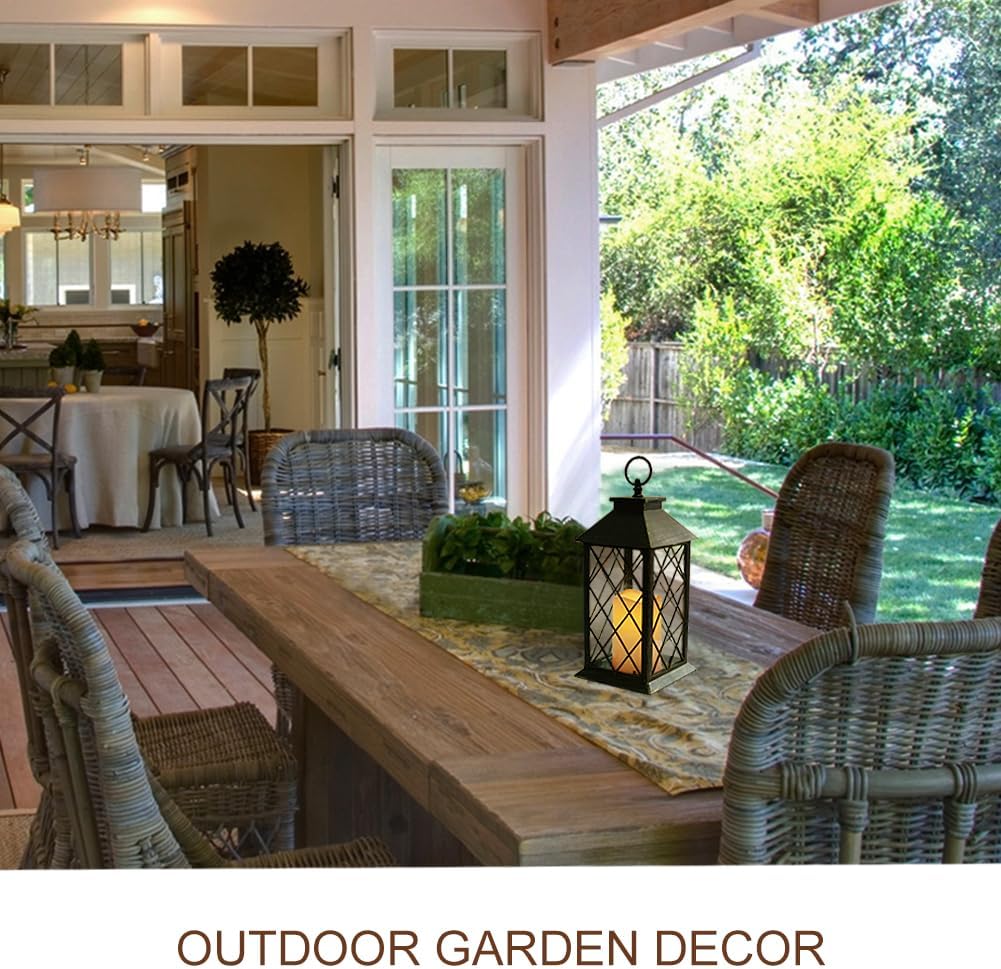 Bright Zeal 13.5" Outdoor Candle Lantern Decorative with LED Pillar Candle Battery Powered (Distressed Gold, 6hr Timer) - IP44 Waterproof Decorative Tabletop Lanterns Hanging Lanterns Indoor Outdoor