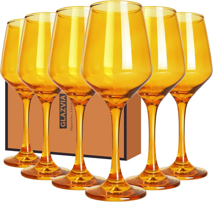Amber Wine Glasses Set of 6-12oz Amber Long Stem Wine Glass Cups, Pretty Crystal Glassware, Hand Blown Goblets Drinkware, Unique Drinking Stemware Holiday Gift Set