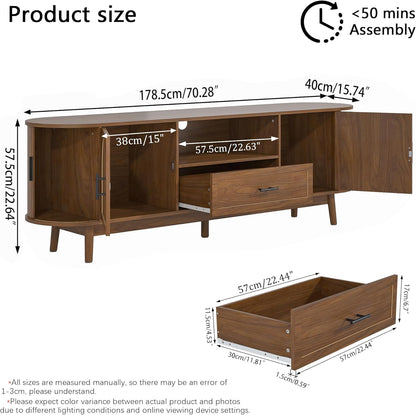 70" Fluted TV Stand for Tvs up to 80", Mid-Century Modern Entertainment Center with Drawers and Fluted Doors, Curved TV Media Console Table with Sliding Doors for Living Room, Bedroom (70")