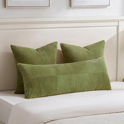 Fancy Homi 2 Packs Moss Green Decorative Throw Pillow Covers 22x22 Inch for Living Room Couch Bed Sofa, Farmhouse Boho Home Decor, Soft Corss Corduroy Patchwork Accent Square Cushion Case 55x55 cm
