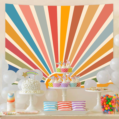 Kanuyee Boho Burning Sun Tapestry Wall Hanging, Retro 70s Abstract Vintage Geometric Rainbow Sunrise Tapestries for Bedroom Living Room Backdrop 44×60 inch