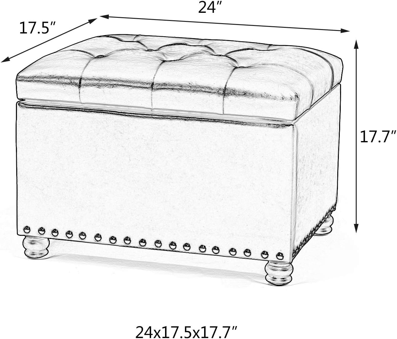 24'' Leather Storage Ottoman Rectangular Foot Rest Stool with Nailhead Trim for Bedroom Living Room(Red)