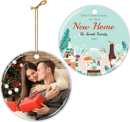Personalized First Christmas in Our New Home Hanging Ornament 2025, Ceramic Custom Christmas Photo Ornament Xtmas Tree Decorations Housewarming Gift for Family Couples Wedding