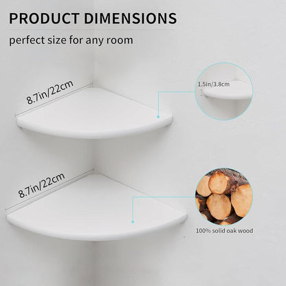 Corner Shelves, Floating Corner Shelf, Set of 2 White Solid Oak Wood Wall Shelves, Round End Wall Mount with Wire Hole Shelving for Small Plant for Bedroom Kitchen, Living Room 8.7"