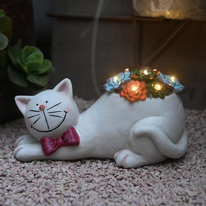 Cat Garden Figurines Outdoor Decor Solar Statue with Succulent and LED Lights for Patio Lawn Yard Art Decoration Housewarming Garden Gift