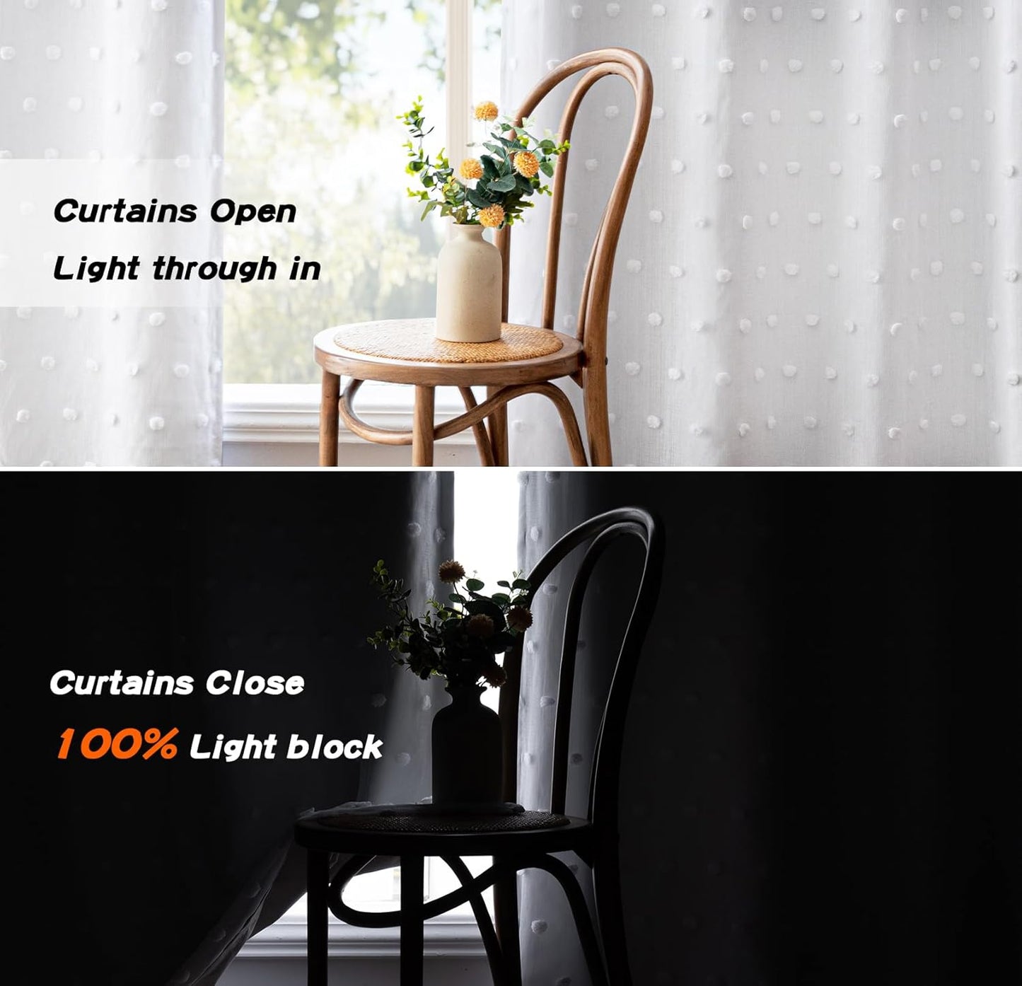 MYSKY HOME 100% White Blackout Curtains for Sliding Door 108 Inches Long Total Light Blocking Curtains for Living Room 2 Panels Grommet Room Darkening Drapes with White Pom Pom Sheer 52 x 108 Inch