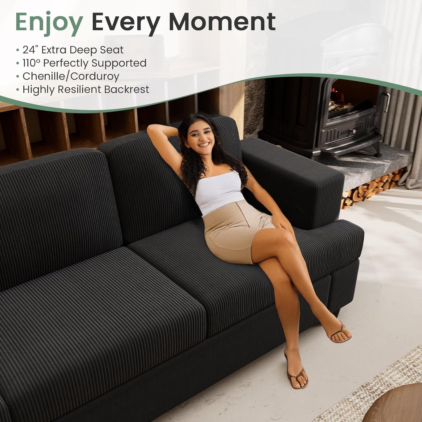 63” Corduroy Loveseat Sofa Couch for Living Room, Small Couch with Deep Seat for Bedroom, Comfy Could Loveseat for Small Living Room, Black Corduroy