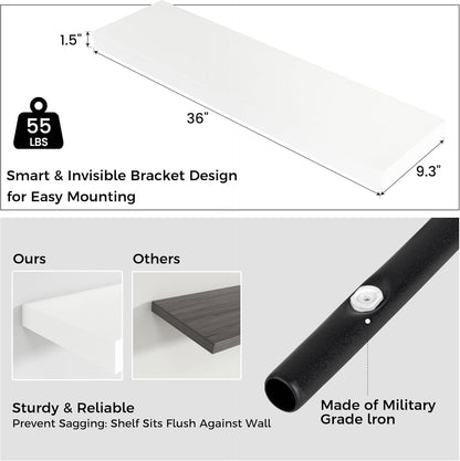 Floating Shelves for Wall, 2 Large Wall Mounted Shelves with Invisible Brackets, Long Wood Floating Wall Shelf Shelves for Living Room, Bedroom, Kitchen, (White, 36" W x 9" D x 1.5" H)