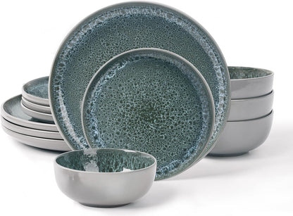 CQN&ZXD Ceramic Plates and Bowls Sets, 12 Pieces, Hand-Crafted Dishes set for 4 with Flowing Reactive-Glaze, Microwave & Dishwasher Safe Dinnerware Sets, Modern Style, Elegant Grey & Wave Blue