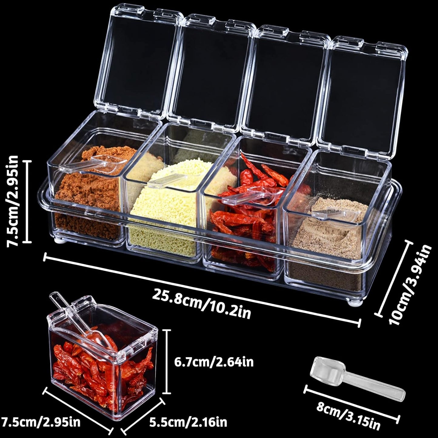 4 PCS Seasoning Box, Clear Spice Containers with Spoon, Acrylic Toppings Containers with Lids, Kitchen Multi Spice Box for Salt, Sugar, Pepper, Garlic Powder