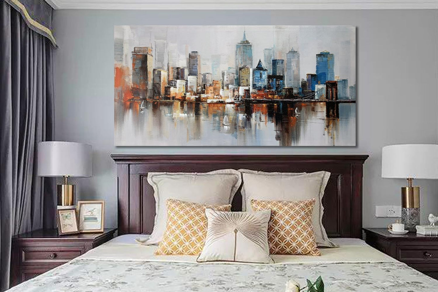 Arjun Brooklyn Bridge Wall Art Modern New York City Abstract Canvas Cityscape Painting Large Size Framed, Colorful NYC Skyline Textured Picture for Living Room Bedroom Home Office Wall Decor, 40"x20"