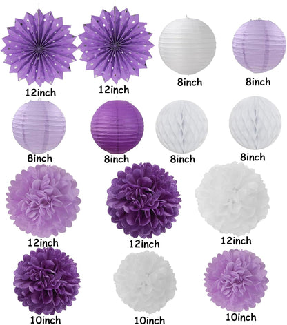 Purple-White Lavender Party Decorations Streamers - 14pcs Women Girl Birthday Paper Lanterns Fan,Tissue Pom Poms,Baby Bridal Shower Wedding Engagement Bachelorette Graduation Decor Lasting Surprise