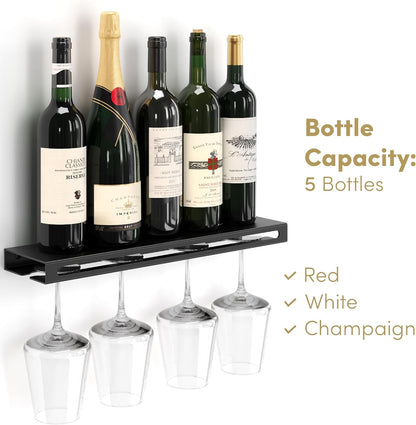 Wall Mounted Wine Rack – Metal Floating Bar Shelf with Bottle and Glass Holder, Holds 5 Bottles and 4-6 Glasses