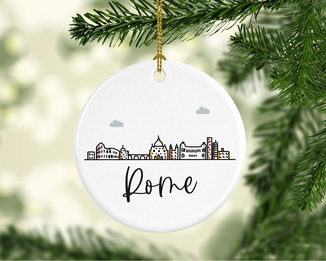 Andaz Press Round Ceramic Porcelain Christmas Tree Ornament Keepsake Gift, Rome, Colorful International City Skyline Graphic, 1-Pack, Birthday Ideas Family Coworker Him Her, Gift Box