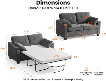 CHIC HOUSE Pull Out Sofa Bed, Full Size Sleeper Sofa, 2-in-1 Convertible Chenille Couch with USB Charging, Memory Form Couch for Living Room, Apartment & Small Space (Dark Grey, Chenille - Full)