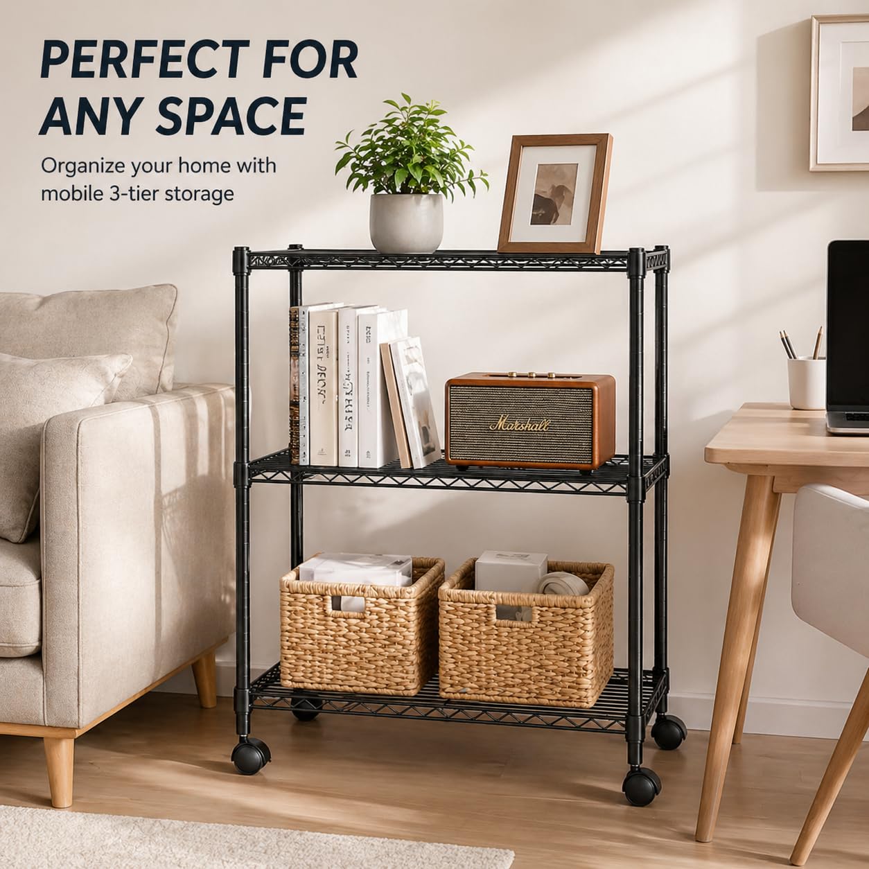 Simple Deluxe 3-Tier Heavy Duty Adjustable Storage Shelf with Wheels, 23.23”W x 13.39”D x 30.31”H