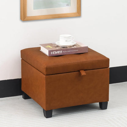 Adeco 17.5" Faux Leather Storage Ottoman with Hinged Lid, 14 Inch High Square Cube Foot Stool with Storage, Upholstered Vanity Stool with Solid Wood Legs for Living Room, Bedroom, Dorm (Warm Orange)