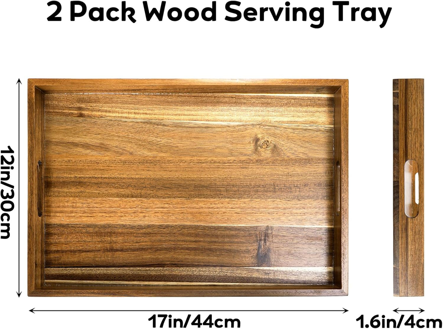 YOUEON 2 Pack Large Acacia Wood Serving Tray with Handles, 17x12 Inch Decorative Wood Trays for Serving Food, Party, Rectangle Ottoman Tray, Coffee Table Trays for Bed, Living Room, Kitchen