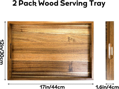 YOUEON 2 Pack Large Acacia Wood Serving Tray with Handles, 17x12 Inch Decorative Wood Trays for Serving Food, Party, Rectangle Ottoman Tray, Coffee Table Trays for Bed, Living Room, Kitchen
