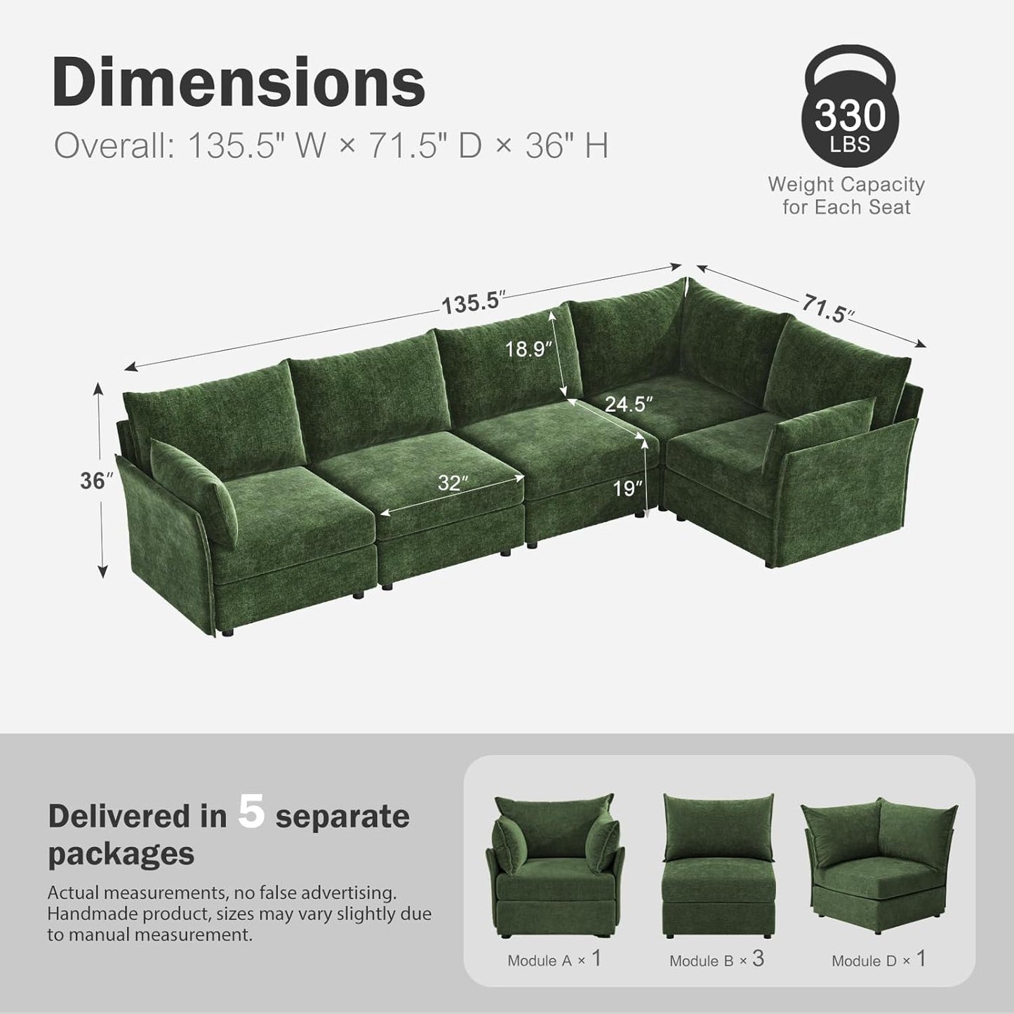135.5" Oversized Modular Sectional Sofa, L Shaped Convertible Couch with Movable Ottoman, 5 Seat Corner Couches for Living Room Deep Seat Green Chenille