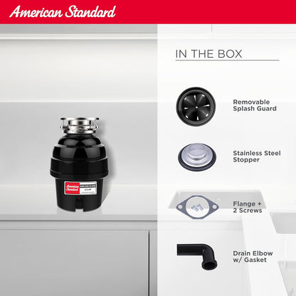 American Standard 10-US-AS-5-HD Garbage Disposal Anti-Jam Stainless Steel Food Waste Grinding System, Heavy Duty, 1/2 HP, Black