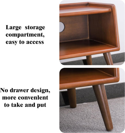 Small Nightstand, 100% Solid Oak Wood Bedside Table, Mid Century Modern Nightstand with Open Storage,Storage Cabinet for Bedroom (2pc Walnut Color)