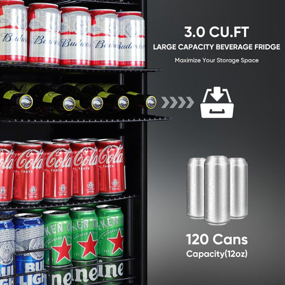 120 Can Beverage Refrigerator ??Mini Fridge with Glass Door for Soda Beer or Wine, Beverage Cooler for Bedroom, Office, Bar with Adjustable Shelves & Digital Temperature Display, Silver