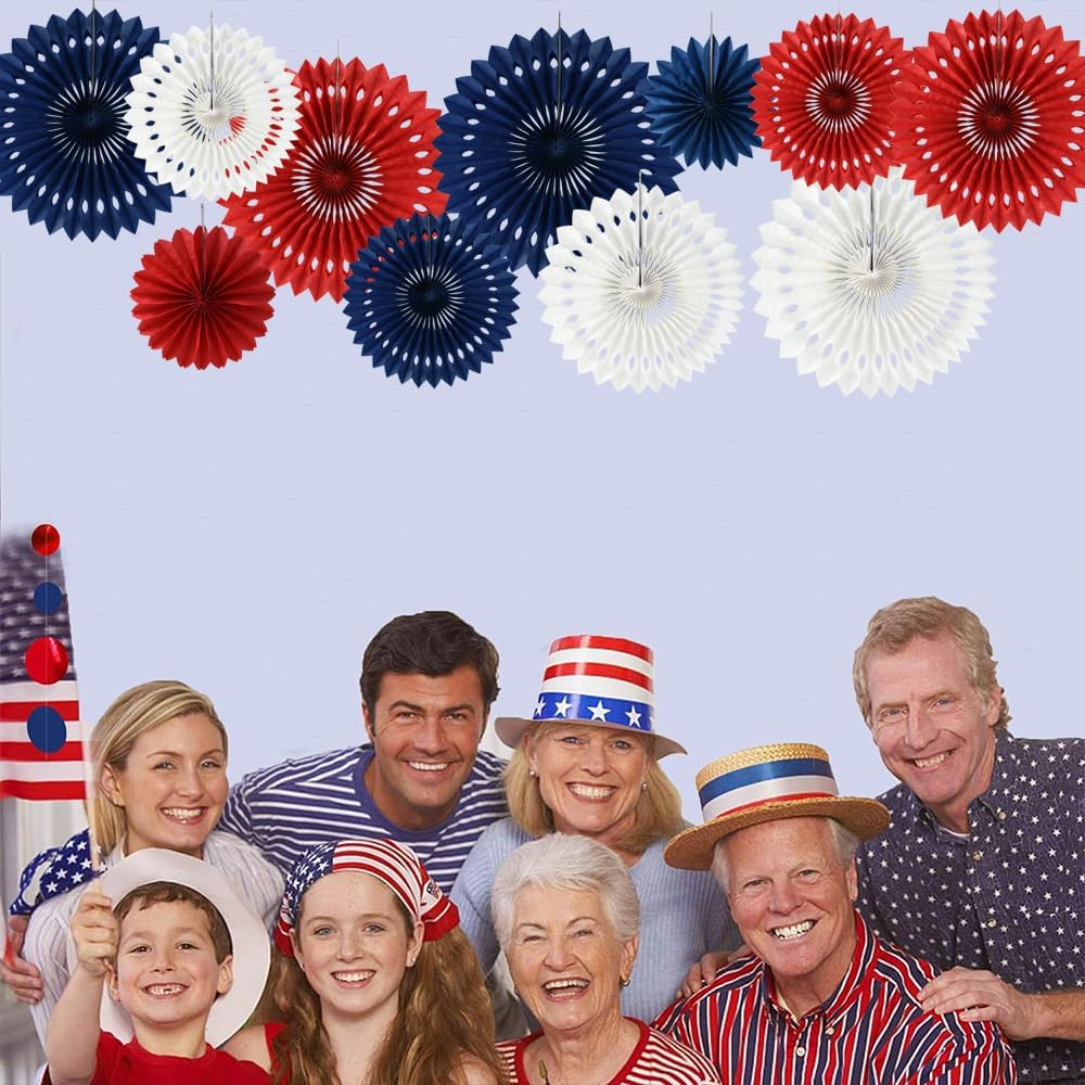 BEISHIDA Red White Blue Hanging Honeycomb Round Paper Fans Decoration Patriotic Theme Tissue Paper Fan Garland for Baby Shower Kid Birthday Graduation Wedding Party Supplies（11packs）