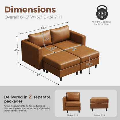 64.6" Faux Leather Loveseat Sleeper Sofa Bed with Storage Seat, Modern Modular Sectional Couch Deep Seat with Reversible Chaise 2-Seat Brown for Apartment, Living Room, Bedroom