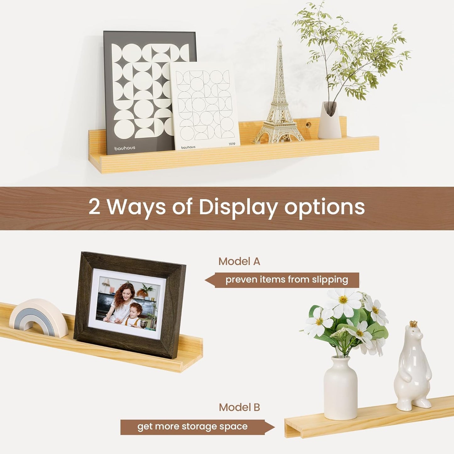 Picture Ledge Shelf, Solid Pine Wood Floating Shelves Set of 4, 16 Inches Nursery Book Shelves for Toys Storage, Kids Bookshelf Wall Mounted for Living Room Decor Photo Frames, Natural