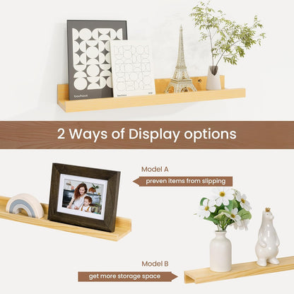 Picture Ledge Shelf, Solid Pine Wood Floating Shelves Set of 4, 16 Inches Nursery Book Shelves for Toys Storage, Kids Bookshelf Wall Mounted for Living Room Decor Photo Frames, Natural