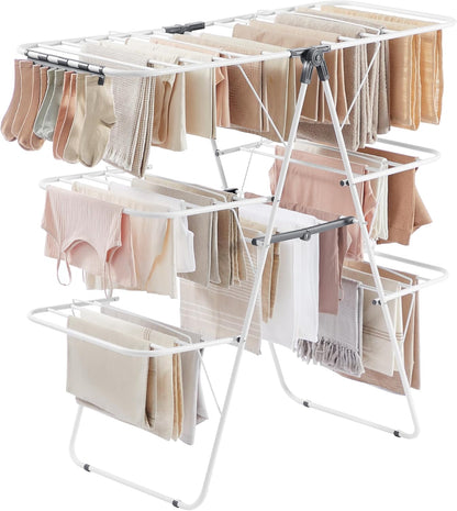 SONGMICS Clothes Drying Rack, Foldable 3-Level Laundry Rack, Free-Standing Large Drying Rack, with Height-Adjustable Wings, 39 Drying Rails, Sock Clips, White and Gray ULLR054W01