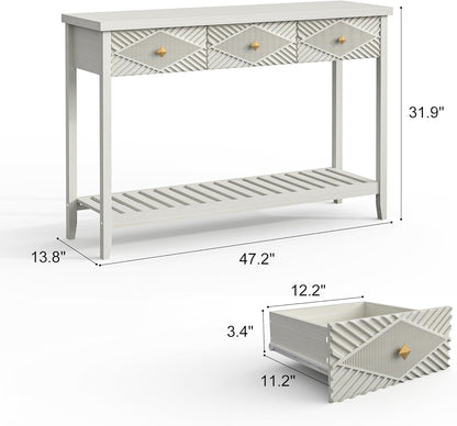 47" Fluted Console Table with 3 Drawers, Narrow Long Entryway Table with Storage Shelf, Sofa Tables for Entryway, Living Room, Behind Couch, Foyer, Hallway, Office (Beige)