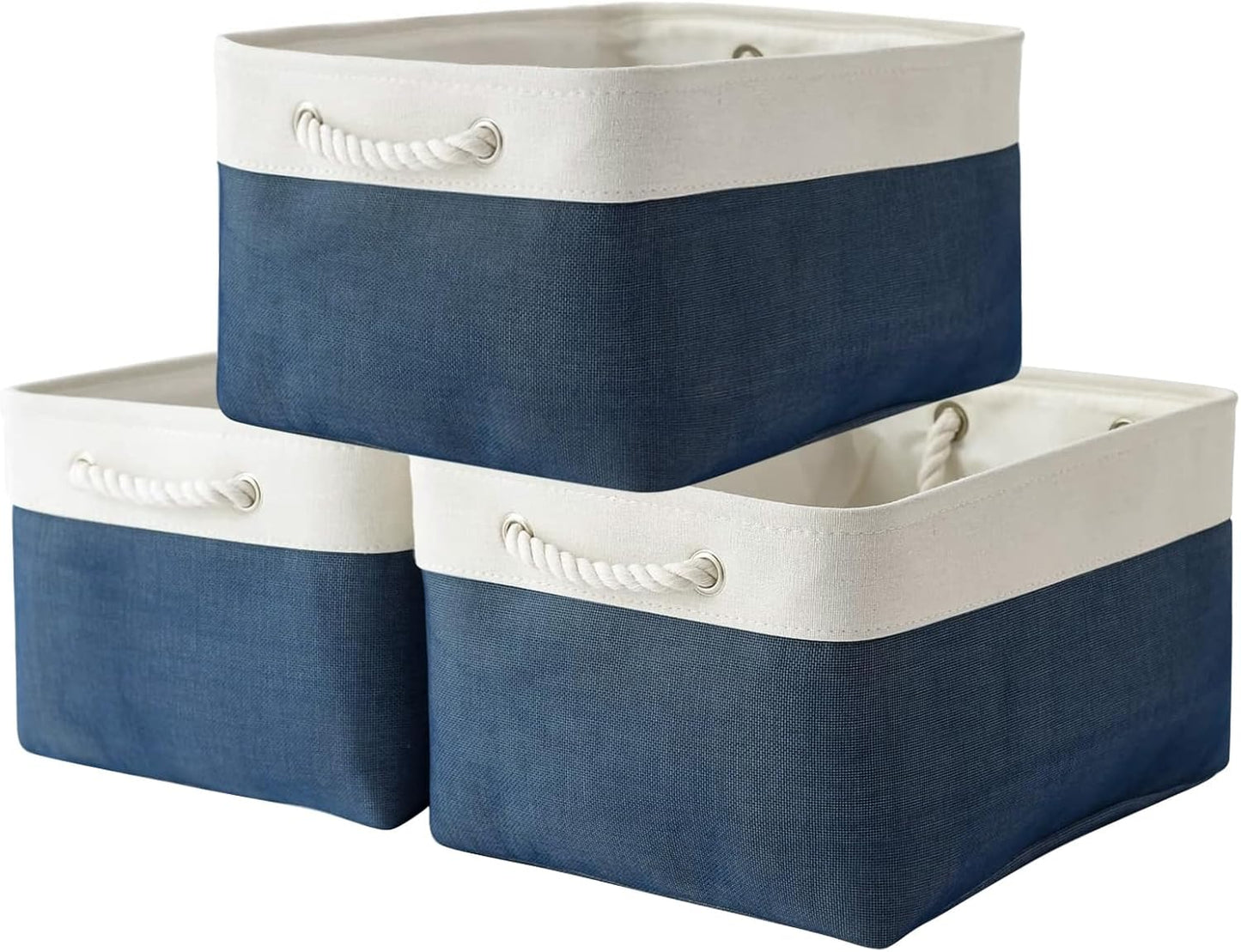 TheWarmHome Collapsible Storage Bin for Shelves - Large 3 Pack 16x12x8 inch Storage Basket for Organizing with Handles, Canves Storage Box for Organizer Toy Closet Cloth Gift (White & Jean Blue)