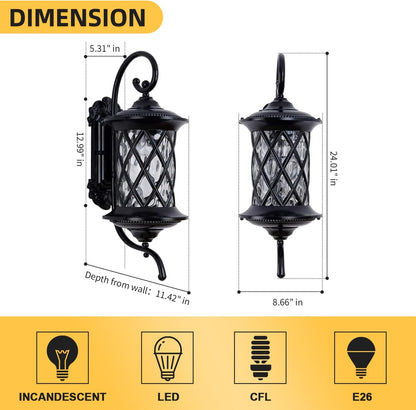 Retro Large Outdoor Wall Lanterns 24" Exterior Light Fixtures Coach Light Waterproof Aluminium with Water Glass Outside Wall Lamps for House Front Door Garage Porch Lighting, Black