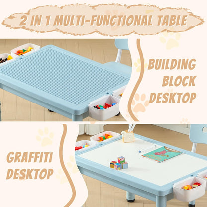 Multi Functional Kids Table and 2 Chairs Set, Graffiti & Building Blocks Double-Sided Tabletop, Toddler Play Table with Drawers, Large Storage Space, Gift for Boys/Girls, Blue