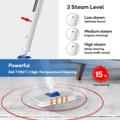 Steam Mop for Floor Cleaning,15-Second Setup,Chemical-Free Floor Steam Cleaner for Hardwood,Laminate,Tile&Greasy Spots.Ergonomic Design with Hands-Free Standing,3 Steam Settings,Reusable Washable Pads
