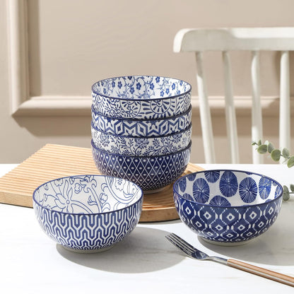 Selamica Ceramic Cereal Bowls Set of 6, 24 Oz Deep Soup Bowls for Kitchen, 5.9 Inch Porcelain Dessert Bowls for Salad, Pasta, Oatmeal, Ramen, Microwave Dishwasher Safe, Set of 6, Vintage Blue