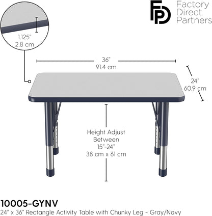 FDP Rectangle Activity School and Classroom Kids Table (24 x 36 inch), Chunky Toddler Leg, Adjustable Height 15-24 inches - Gray Top and Navy Edge