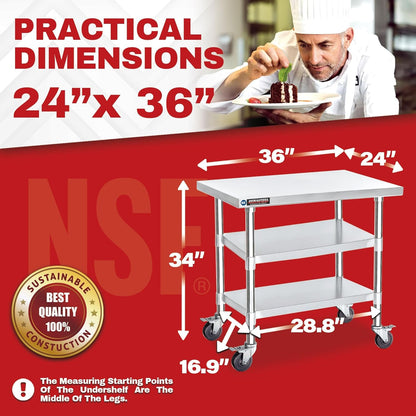 DuraSteel Stainless Steel Work Table 24" x 36" x 34" Height w/ 4 Caster Wheels - Food Prep Commercial Grade Worktable - NSF Certified - Good for Restaurant, Business, Warehouse, Home, Kitchen, Garage