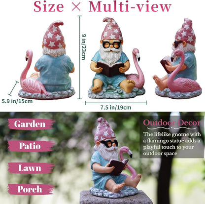 Gnome Statue Garden Decor, Resin Gnome and Flamingo Figurines Outdoor Decorations for Yard Art Porch Lawn Ornaments, Unique Housewarming Gifts