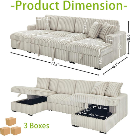THSUPER Oversized U Shaped Plush Corduroy Fluffy Sectional Sleeper Sofa with Pull Out Bed and Double Storage Chaise for Living Room - Beige