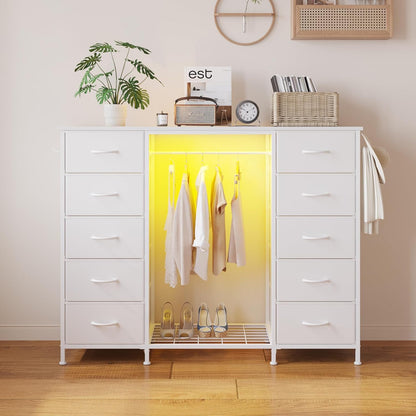 LUMTOK 55" W 2-in-1 Dresser with Hanging Rack, 10 Drawers Dresser for Bedroom, White Drawer Dressers with LED Lights, Charging Station and Hanging Racks for Bedroom