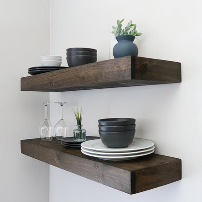 Modern Floating Shelves 3 Inches Thick for Wall, Wide Shelves for Kitchen, Living Room, Bedroom, and Bathroom, Natural Pine Wood, Rustic Wooden Shelf, (Set of 2) (Jacobean, 48Lx3Hx6D)